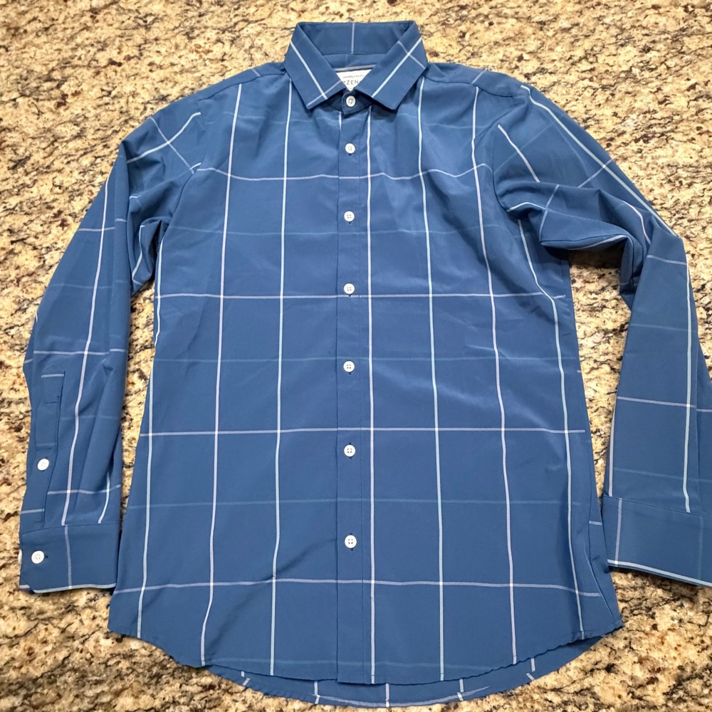 Mizzen+Main Leeward Collection Blue Windowpane Trim Fit Dress Shirt Mens M ws